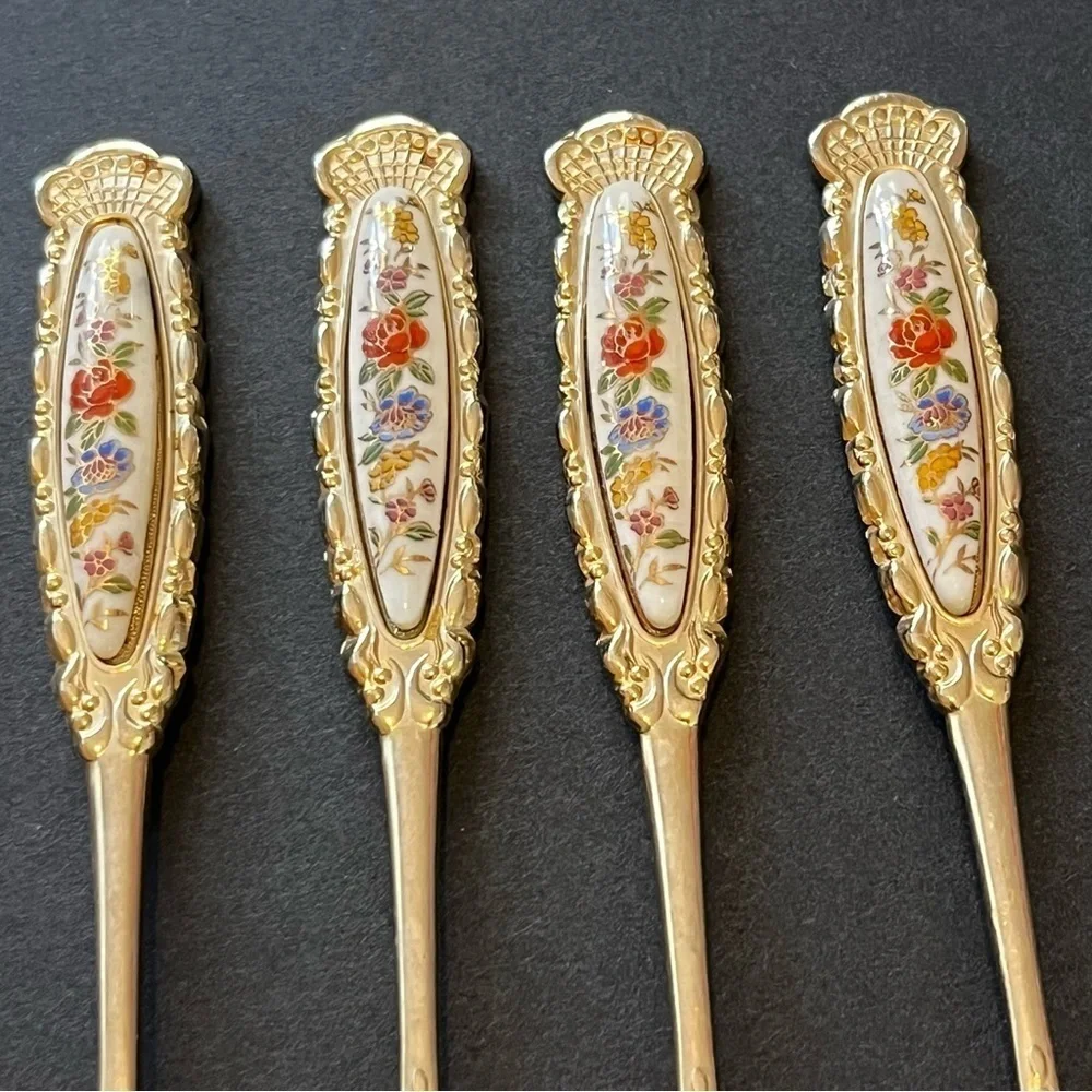 Demitasse Fork Set Porcelain Floral Handle Japan Gold Tone Appetizer Tea Set 11x
